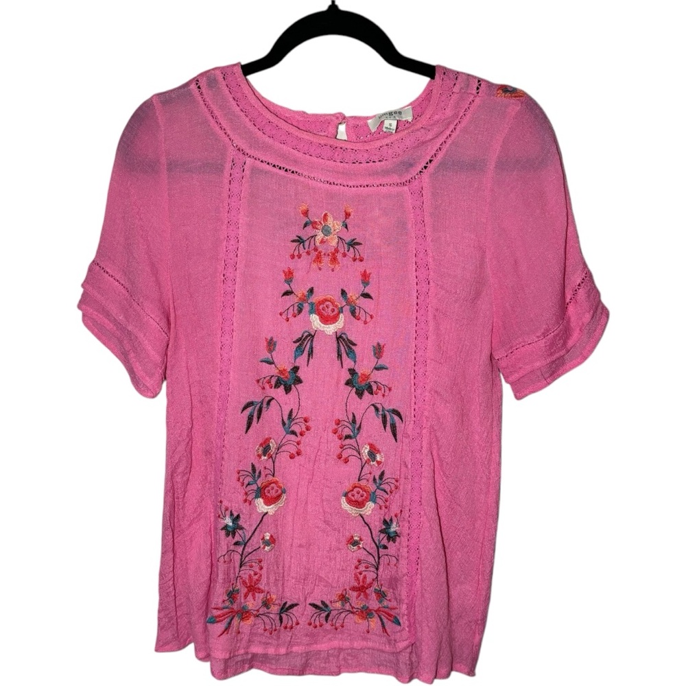 Umgee Women's‎ Small Embroidered Floral Blouse Short Sleeve Pink Flowers Top